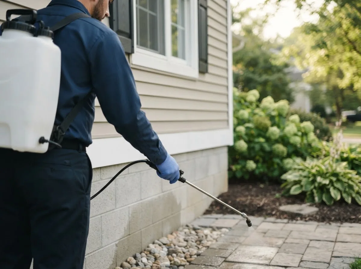 Pest control technician inspecting a home in Ralston, OK